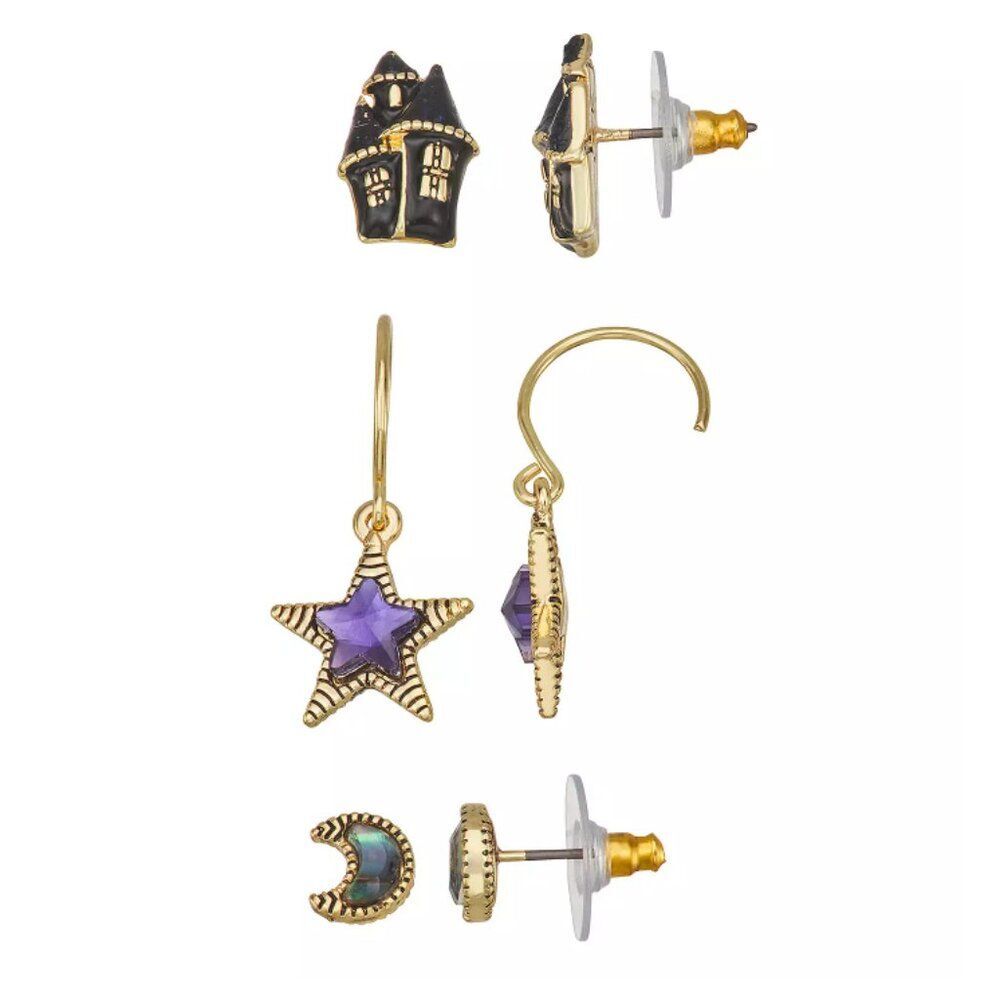 NAPIER Halloween Trio Earring Set | Gold Tone Haunted House Moon Stars NEW